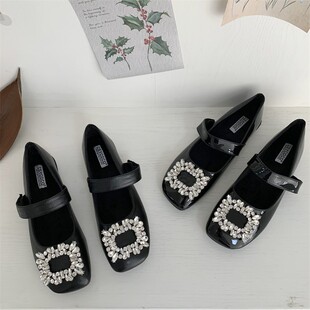 平底法式黑色水钻单鞋女鞋子新款春秋冬晚晚温柔玛丽珍小皮鞋瓢鞋