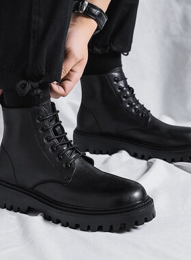 马丁靴男2024新款春季高帮黑色防水F英伦风男士工装靴机车中帮皮