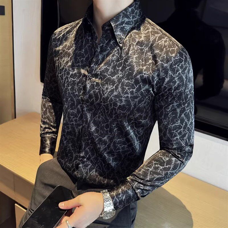 春秋新款a网红长袖花衬衫男高级感时尚暗黑衬衣小众打底衬衫夜店