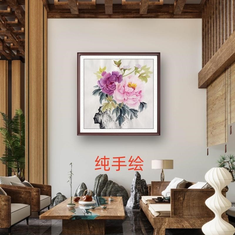 新中式装饰画手工绘画国画家居纯手绘斗方牡丹花开富贵客厅壁挂画图片