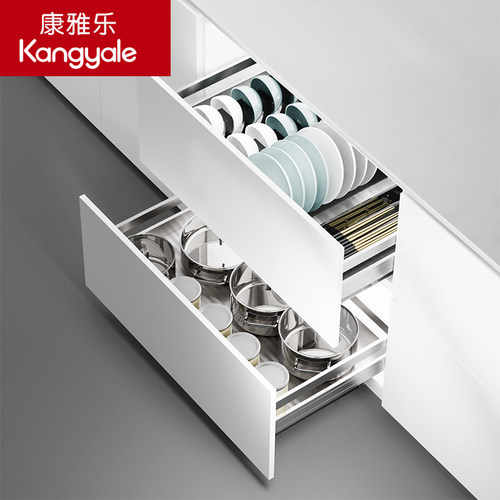 橱柜拉篮不锈钢抽屉式碗碟拉篮双层内置碗架碟架锅具篮小柜体改造