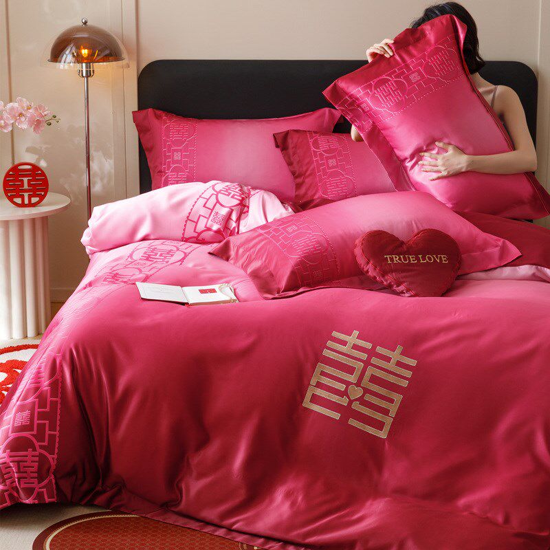 中式高级感婚庆四件套渐变红色结婚纯棉被套床单新婚喜被床上用品