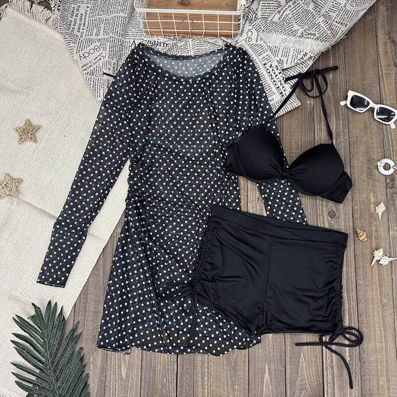 比基尼泳衣女黑色波点长袖罩衫三件套分体小胸遮肚子显瘦沙滩温泉