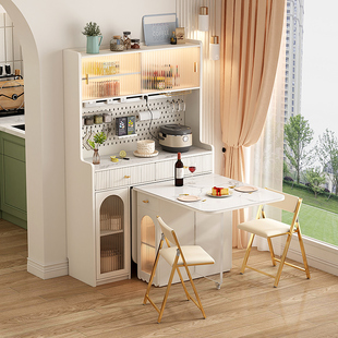 奶油风岩板餐桌一体餐边柜家w用简约现代小户型客厅白色可伸缩饭