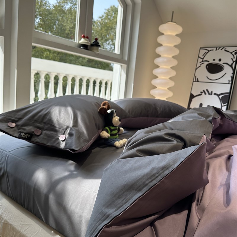 100s支长绒棉紫灰双拼纯棉四件套1.5m1.8米全棉床单民宿纯色丝滑