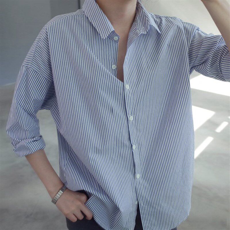 好品质纯棉后打折宽松简约w春秋长袖女衬衫条纹通勤显瘦c01