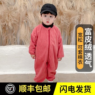 男女宝宝全身罩衣连体衣拉链抓绒婴儿爬J服防脏秋冬护衣外穿套棉