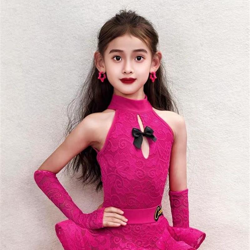 2026新款女儿童拉丁舞服高级感红色舞蹈表演出花服跳舞Y裙两件式