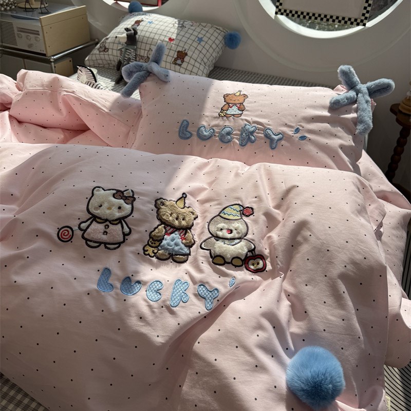 韩系波点小动物卡通少女水洗t棉毛巾绣四件套1.5m1.8公寓全棉被套