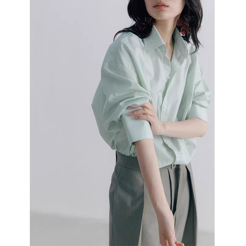 极简清冷感薄荷绿色衬衫女2025春季新款法式知性时髦廓形长袖衬衣