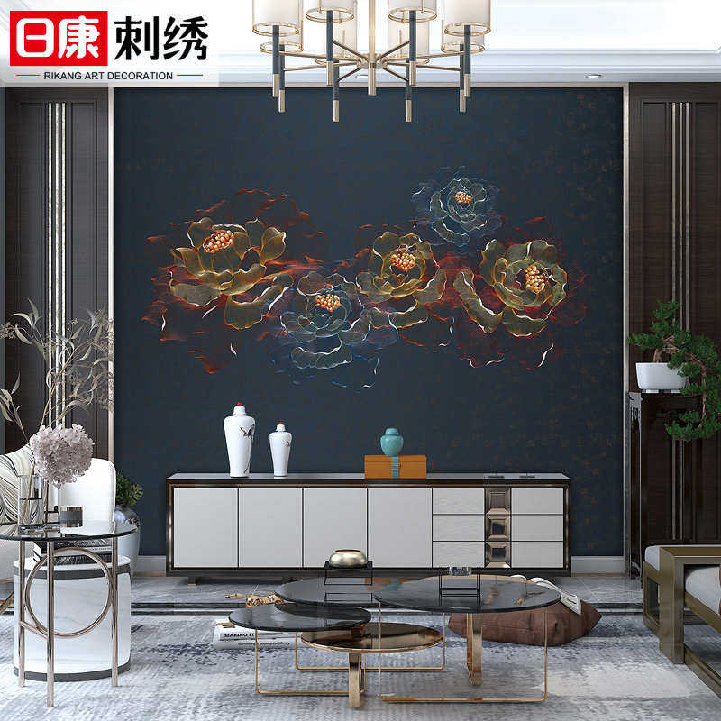 独绣刺绣墙布g中式国色天香婚房卧室床头客厅餐厅沙发电视背景壁