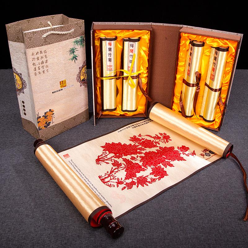 中国风特色手工艺品剪纸丝绸卷轴挂画 画装饰画 画出国外事送老外图片