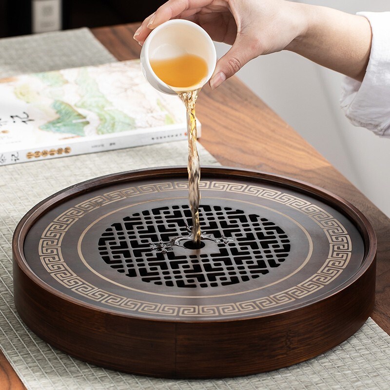 金镶玉茶盘家用蓄水式托盘竹木茶海简约小型干泡台沥水圆形茶盘