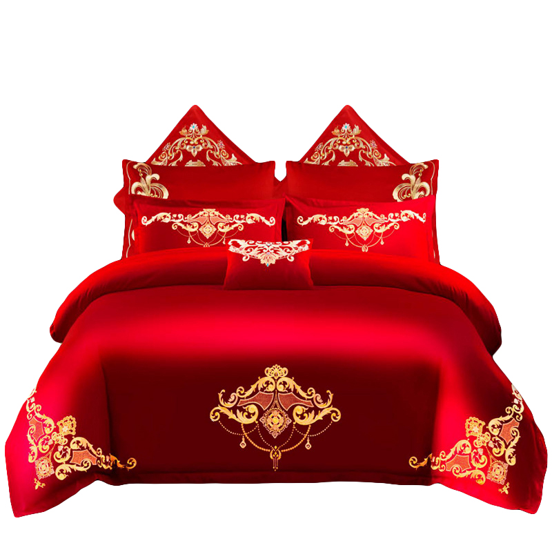 婚庆四件组大红色刺绣结婚新婚双人中式龙凤绣花六八件套送枕芯被