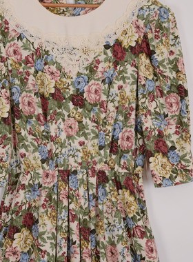 绿色系花墙柄~ 蕾丝领连身裙1980s USA制 褶皱裙摆设计