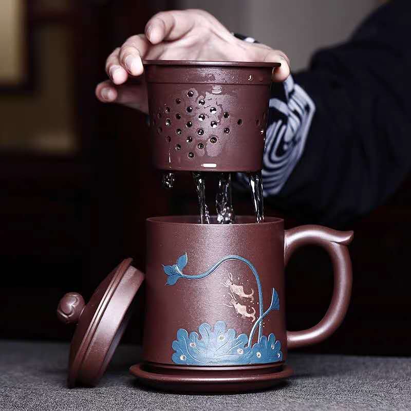 宜兴紫砂杯手工泡茶杯隔舱杯办公喝茶杯男士杯茶水分离泡茶杯杯子