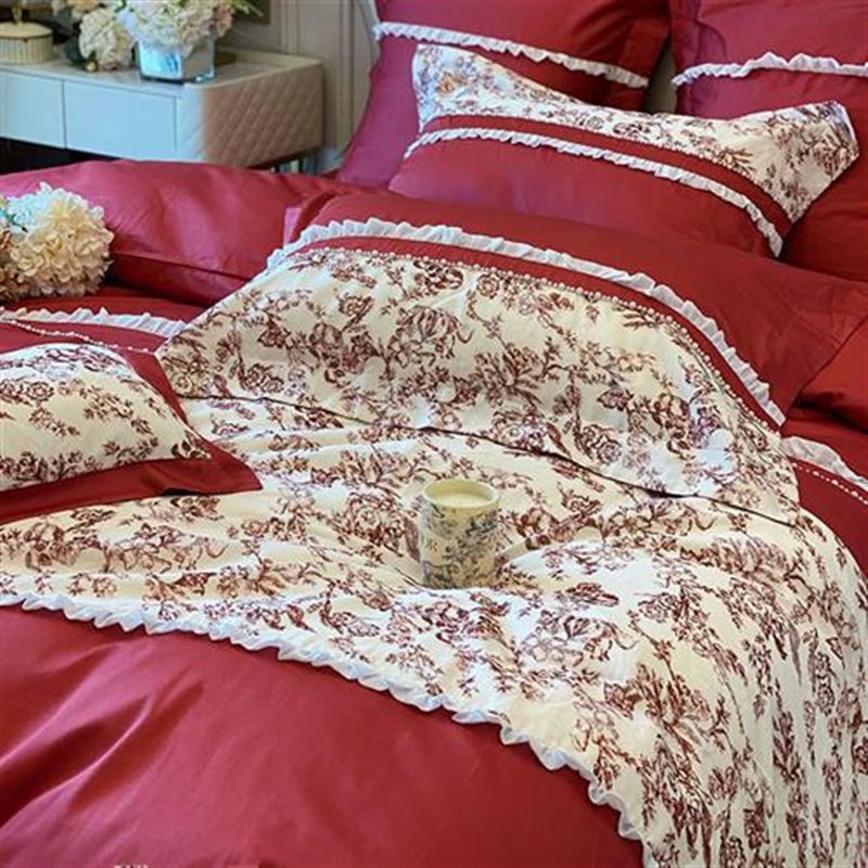 韩式全棉婚庆四件套喜庆结婚印花被套红色新婚嫁床单婚房床上用