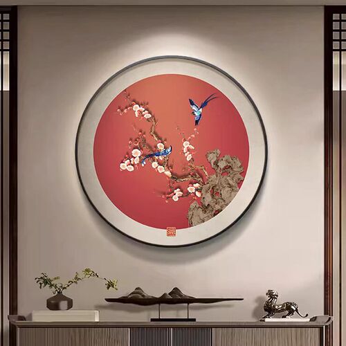 喜上眉梢玄关装饰画新中式餐厅红色喜庆挂画客厅背景墙圆形花鸟画
