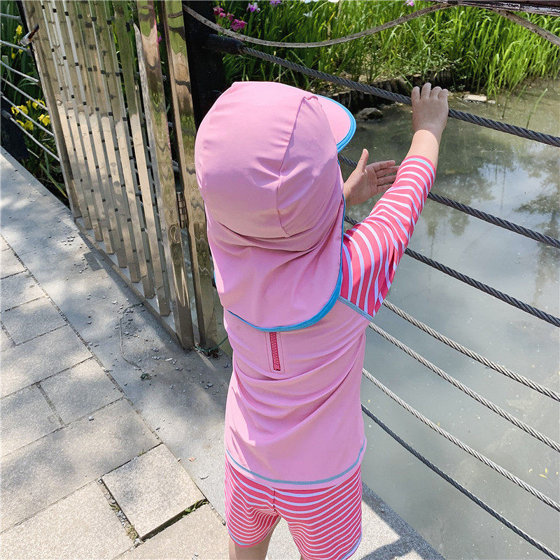儿童泳衣宝宝婴幼儿小中童女冲浪服拉链分体泳装带帽三件套潮