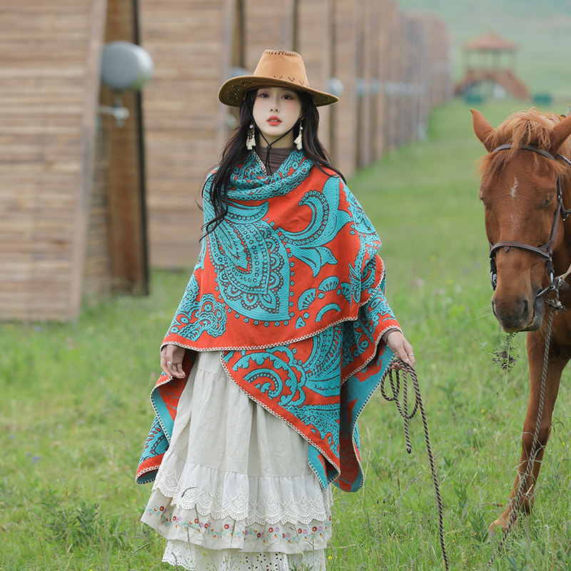 尼泊尔腰果花披肩西藏草r原旅游拍照民族风围巾斗篷女加厚保暖披