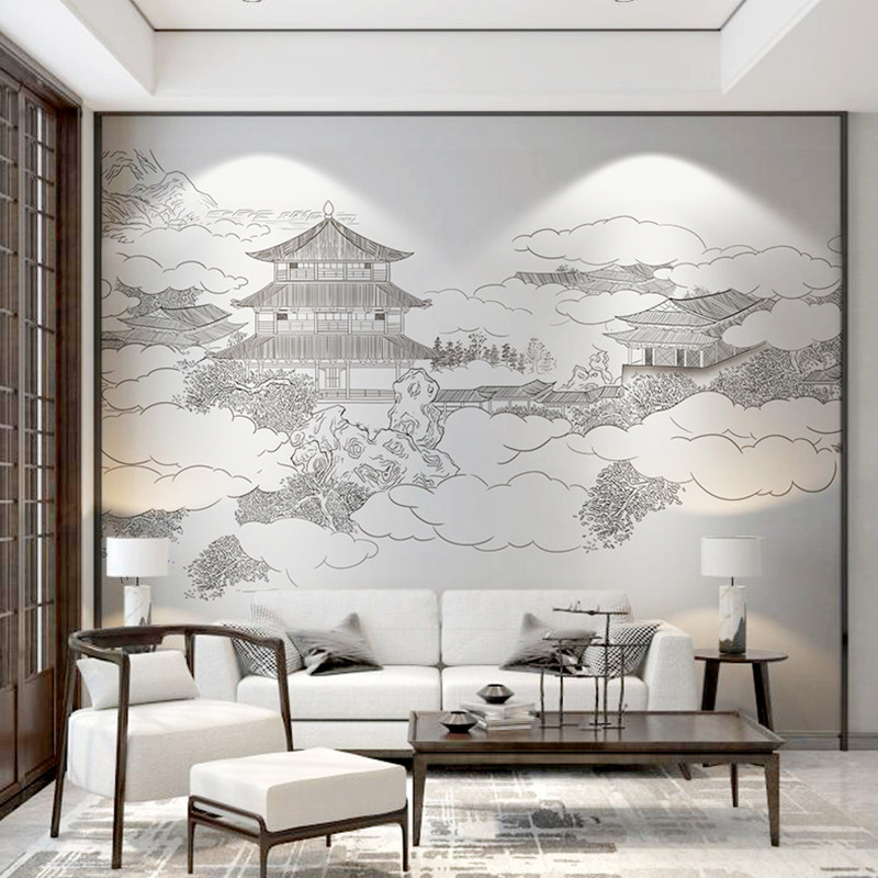现代新中式电视背景墙纸客厅影视墙茶室茶楼书房壁纸定制壁画墙布