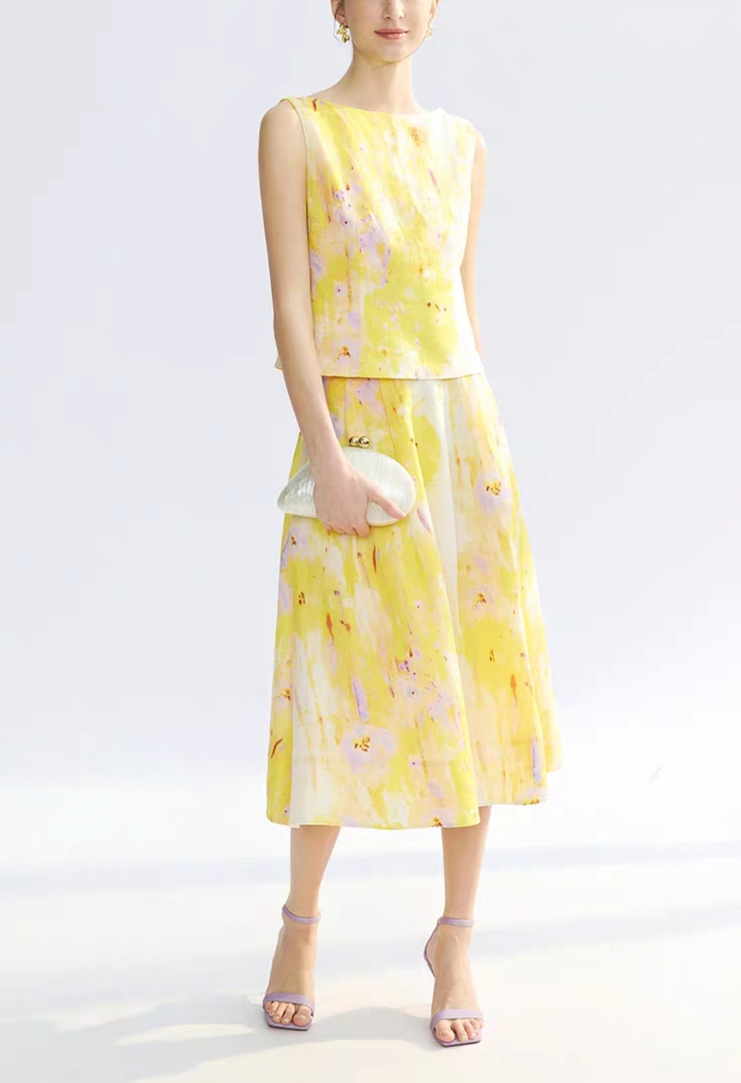 商场同款2025夏季新款苎麻印花气质无袖上衣衬衫半身裙两件套女