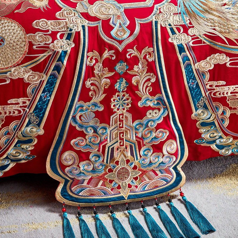 120支新疆长绒棉婚庆四件套全棉龙凤刺绣大红色结婚床上用品4