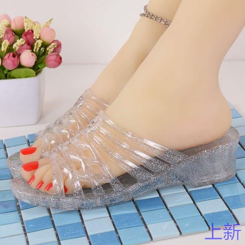 水晶塑料高跟女拖鞋夏时r尚厚拖鞋底凉透明塑胶防滑室外穿妈妈新