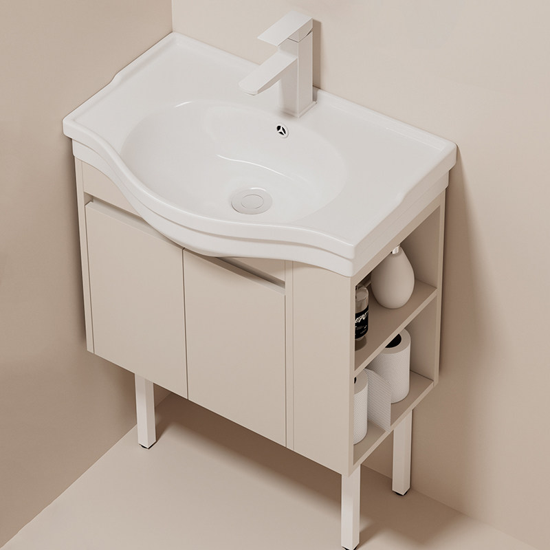 小户型落地式洗手盆柜组合窄边奶油风实木浴柜陶瓷洗脸盆洗漱池
