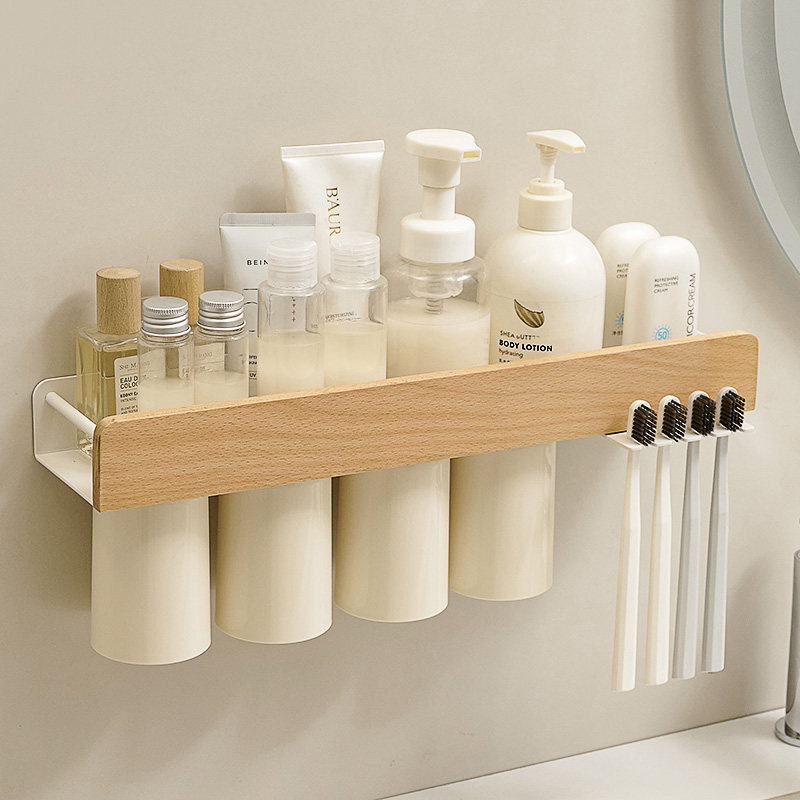 白色牙刷置物架免打孔漱口杯刷牙杯卫生间壁挂式架子家庭挂架原木