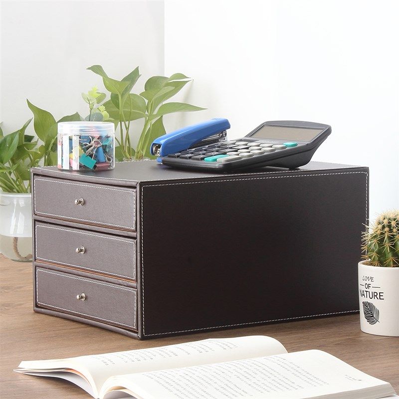 多层商务皮革A4桌面文件柜三层抽屉资料柜整理分类档案柜办公用品