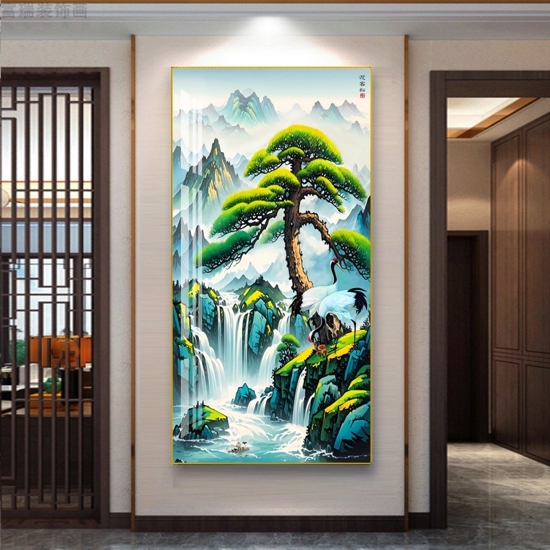 迎客松发财树新中式烤瓷玻璃带框成品玄关装饰画挂画艺术画定制画图片