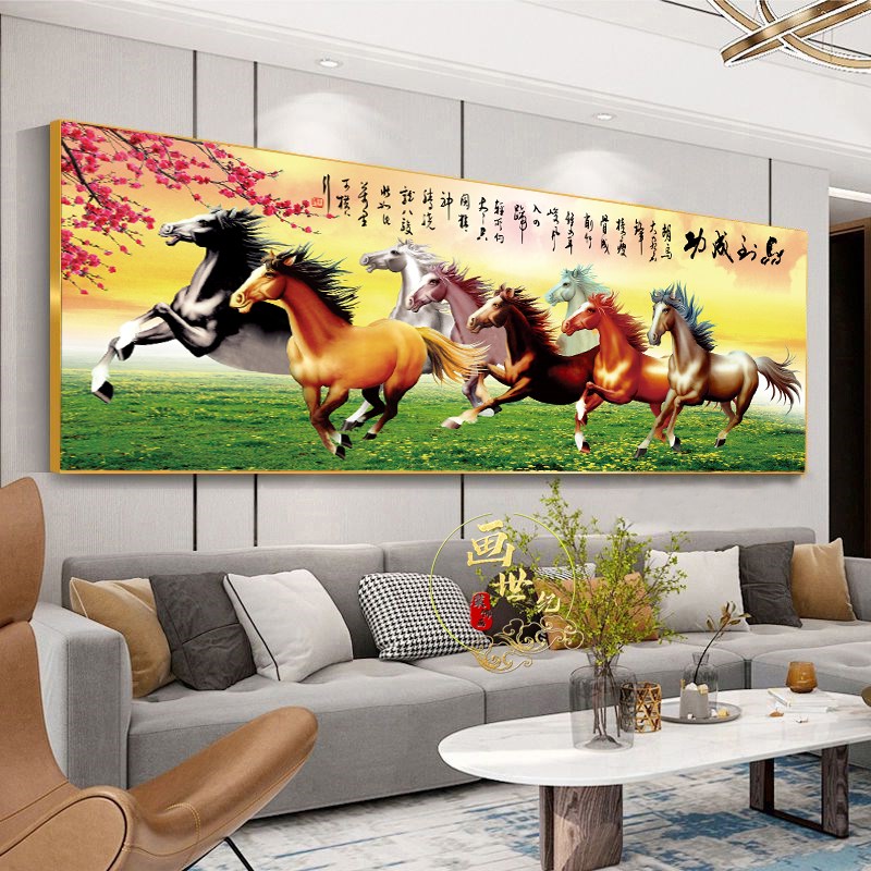马到成功挂画新中式客厅装饰画办公室墙画横版大气晶瓷有框画单幅