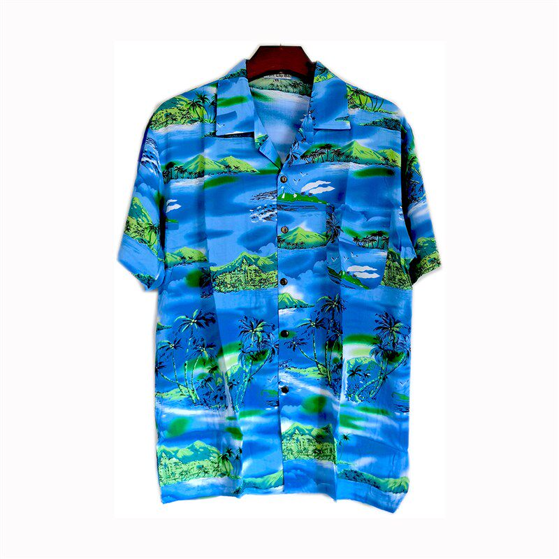 流行旅游岛服男款绵绸布料沙滩服男衬衫花衬衫宽松柔软款蓝色款