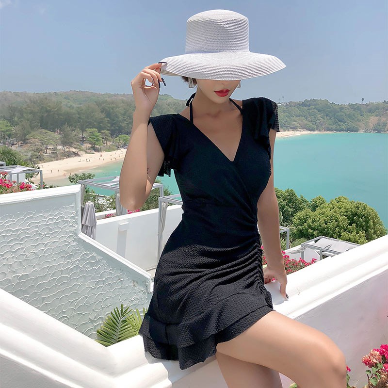 大人新款无袖黑色女保守裙式连体泳装小胸聚拢遮肚显瘦钢托游泳衣