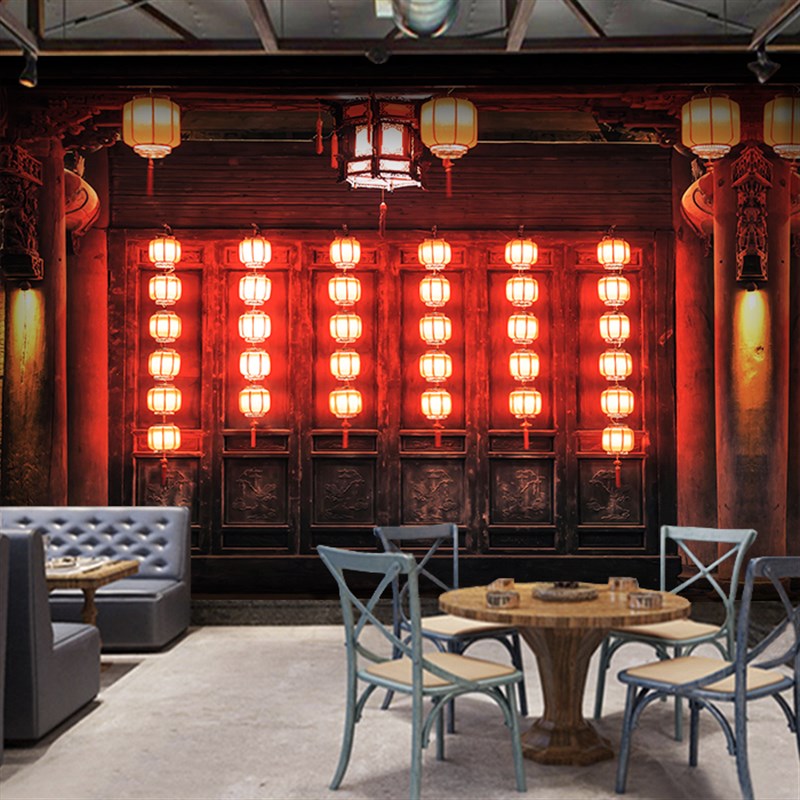 中国风怀旧中式建筑壁纸四川成都壁画串串饭店火锅店大排档墙纸