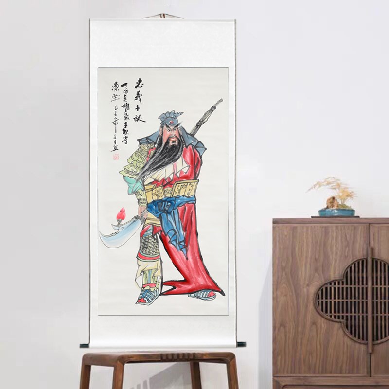 手绘关公挂画入户玄关装饰画武财神关羽画像新中式客厅卧室墙壁画