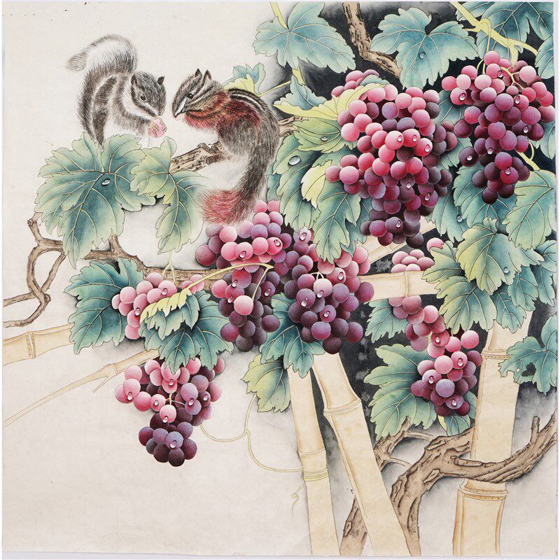 工笔画葡萄斗f方国画手工精品手绘中式客厅字画无款画没题款z0008