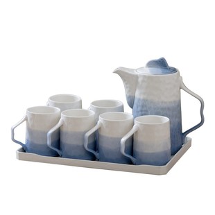 釉下彩渐变蓝色冷水壶套装水杯家用客厅杯子石纹水具耐高温陶瓷杯