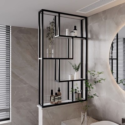 现代简约卫生间半墙玻璃屏风隔断入户玄关客厅铁艺置物架遮挡定制