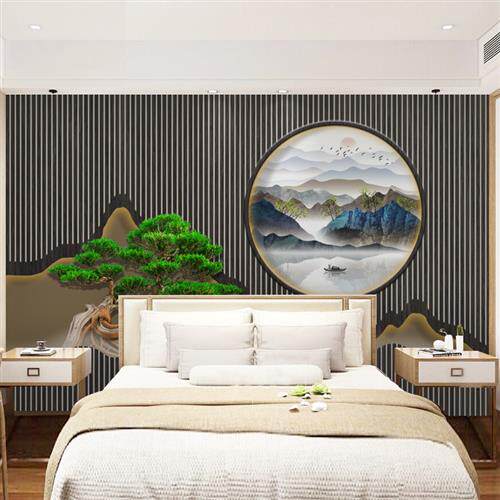 8d新中式e电迎背馆墙纸养生景高级装修背景墙布视客松客厅