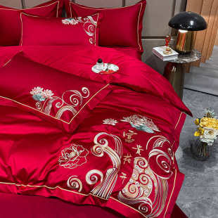 中式 陪嫁婚庆大红色四件套结婚全棉床单被套N床上用品新婚床