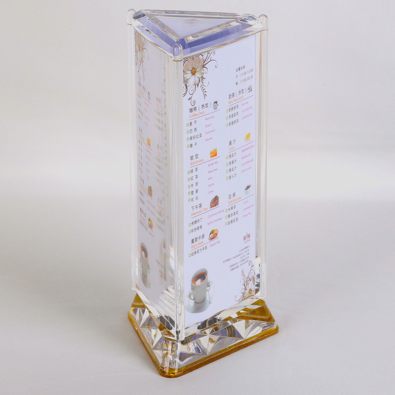 亚克力三面旋转j台卡架餐厅菜牌菜单展示架酒水牌桌面三角桌牌台