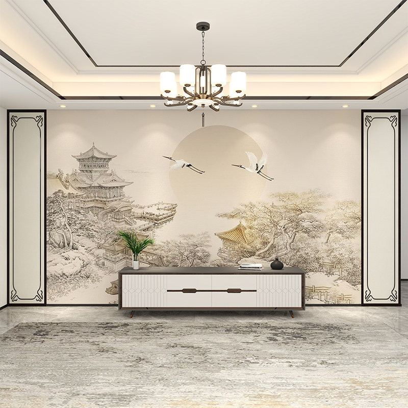 新款中式阁楼仙鹤意境装饰壁画电视机G沙发背景墙纸客厅卧室滨墙