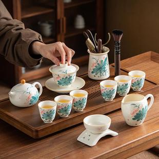 家用高档茶杯茶壶盖碗客厅办公室待客礼盒装 手绘荷花陶瓷茶具套装