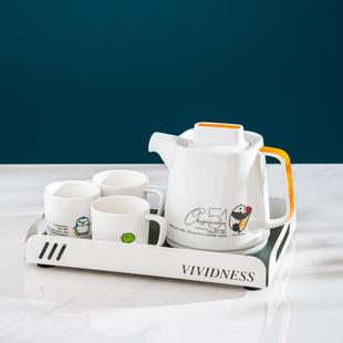 卡通水杯家用水具套新中式 客厅茶具套装 茶壶铁艺托盘乔迁送礼瓷器