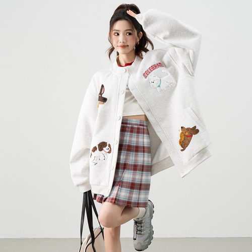 森系卡通小狗毛巾绣圆领卫衣女春秋2025新款慵懒风宽松bf开衫外套