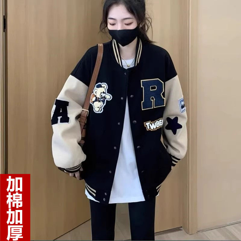 加棉加厚美式复古棒球服外套女宽短外套
