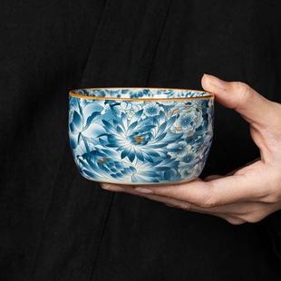 汝窑金万花茶杯家用主人陶瓷个人专用高档品茗茶盏单杯功夫茶具
