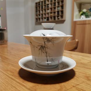 仿古粗陶手绘竹韵盖碗大号陶瓷三才杯功夫茶盖碗草木灰泡茶盖碗